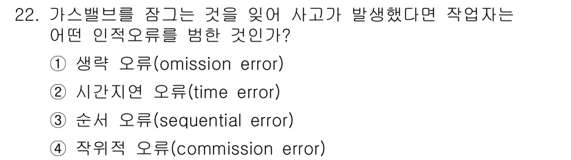 산업안전기사 2020년 22번 - 가스밸브를 잠그는 것을 잊어 사고가 발생하면, 이는 행위를 하지 않은 것... 에 관한 핵심 기출문제