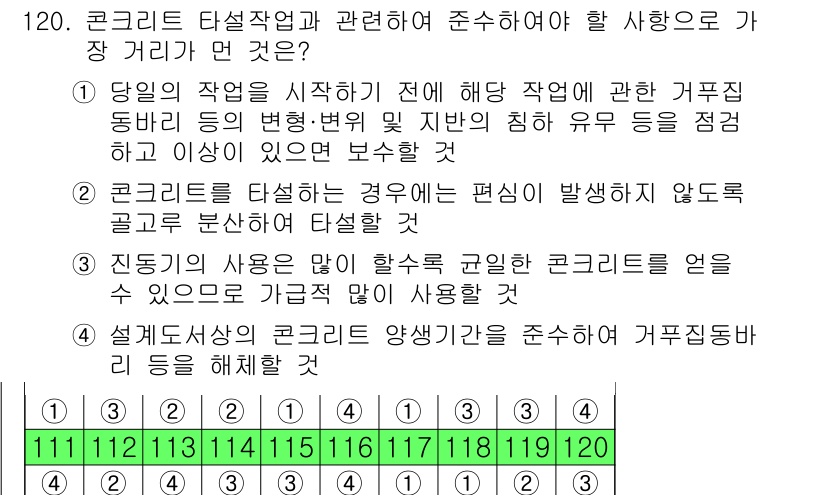 산업안전기사_필기 2020년 120번 - 진동기의 사용은 많은 수축이 일어나는 콘크리트에 적합하여, 적절한 사용과... 에 관한 핵심 기출문제