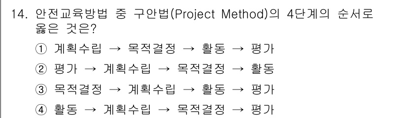 산업안전기사_필기 2020년 14번 - 프로젝트 방법(Project Method)에서는 교육 과정의 목표를 정하... 에 관한 핵심 기출문제