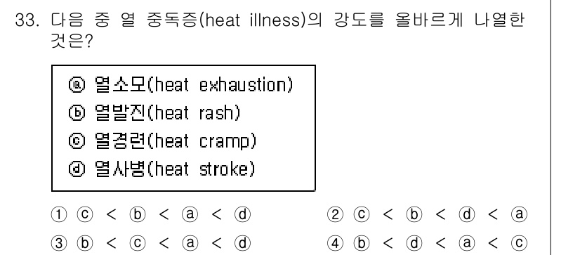 산업안전기사_필기 2020년 33번 - 열 중 중독증은 강도에 따라 다음과 같이 나눌 수 있습니다. 첫째, 열발... 에 관한 핵심 기출문제