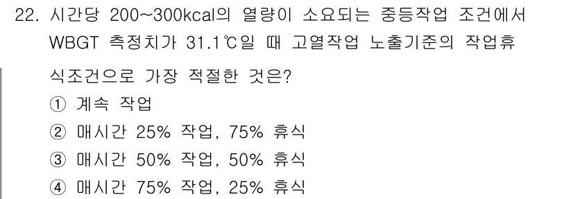 산업위생관리기사 2020년 22번 - WBGT 측정치가 31.1°C일 때, 고열작업의 경우 작업과 휴식을 적절... 에 관한 핵심 기출문제
