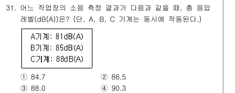 산업위생관리기사 2020년 32번 - 총 음압 레벨(dB)은 로그 스케일로 계산되며, A, B, C 기계의 소... 에 관한 핵심 기출문제