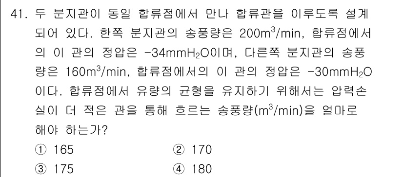 산업위생관리기사 2020년 42번 - 압력 손실과 유량의 균형을 고려할 때, 두 분지관의 송풍량 차이와 각 분... 에 관한 핵심 기출문제