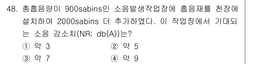산업위생관리기사 2020년 49번 - 소음 감소치(NR; db(A))는 소음의 강도를 dB 단위로 표현하는 것... 에 관한 핵심 기출문제