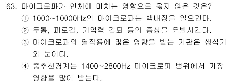 산업위생관리기사 2020년 64번 - 정답인 '3'번은 마이크로파가 인체에 미치는 영향 중 생식기와 눈에 미치... 에 관한 핵심 기출문제