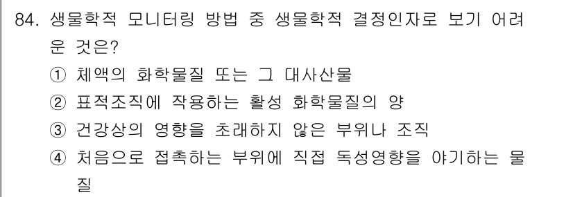 산업위생관리기사 2020년 85번 - 정답인 '1'은 생물학적 모니터링 방법에서 체액의 화학물질 또는 그 대사... 에 관한 핵심 기출문제