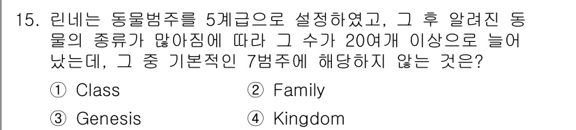 생물분류기사(동물) 2020년 15번 - 정답이 '3'인 이유는 'Genus'가 아닌 'Genesis'라는 용어가... 에 관한 핵심 기출문제