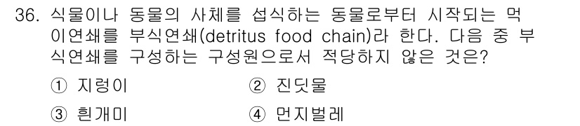 생물분류기사(동물) 2020년 36번 - 부식연쇄는 유기물의 분해 과정을 포함하며, 주로 세균, 곰팡이, 진딧물 ... 에 관한 핵심 기출문제
