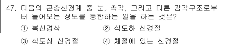생물분류기사(동물) 2020년 47번 - 눈, 촉각 등의 감각 정보를 통합하는 일은 '식도상 신경절'의 기능에 해... 에 관한 핵심 기출문제