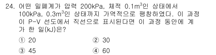 소방설비기사(기계분야) 2020년 24번 - 이 문제는 기체의 일은 압력과 체적의 변화에 의해 결정됩니다. 초기 압력... 에 관한 핵심 기출문제