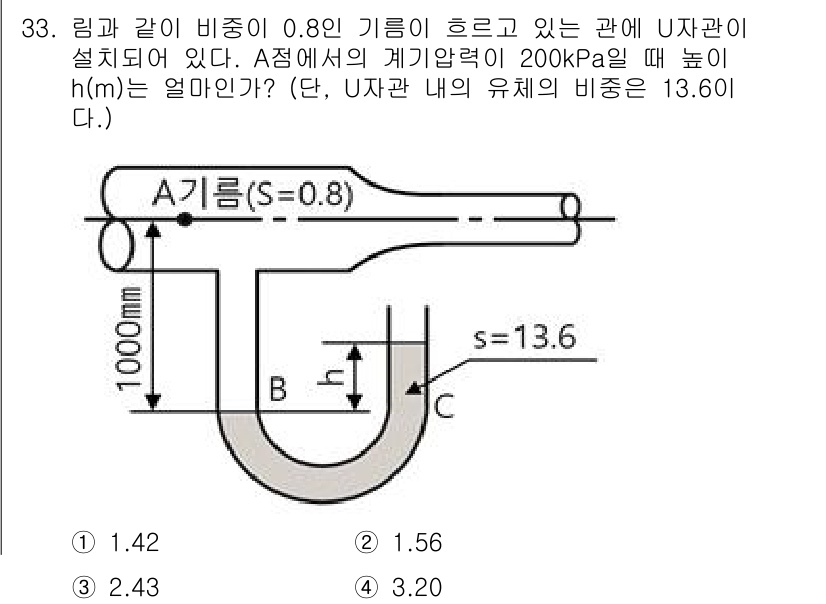 소방설비기사(기계분야) 2020년 33번 - 문제는 U자관 내의 유체 비중과 압력을 이용한 수두 히드로스타틱 원리에 ... 에 관한 핵심 기출문제