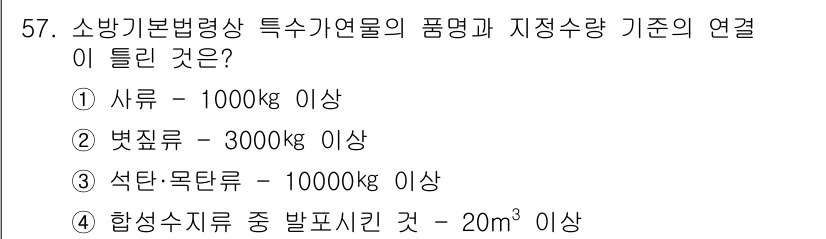 소방설비기사(기계분야) 2020년 57번 - 소방기본법령상 특정가연물의 분류에서는 물질에 따라 지정수량 기준이 다릅니... 에 관한 핵심 기출문제