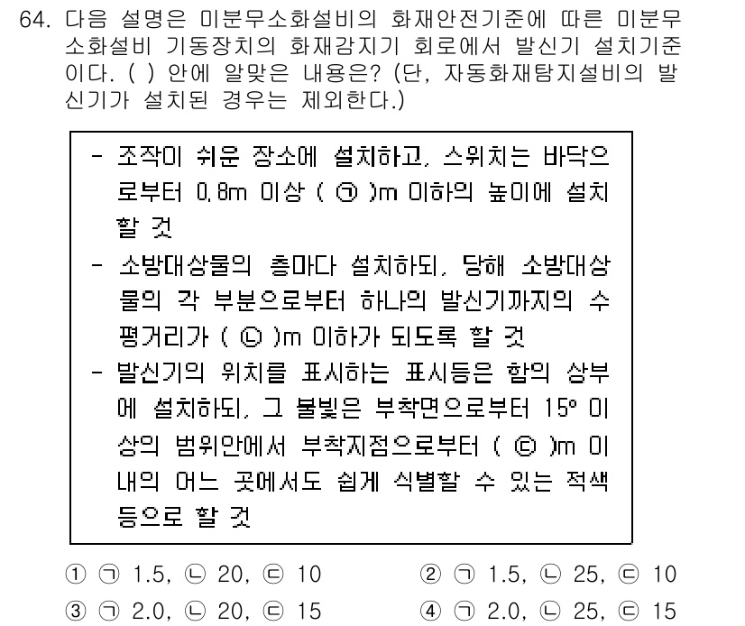 소방설비기사(기계분야) 2020년 64번 - 주어진 문제는 미분 무소화 설비의 설치 기준에 관한 내용으로, 시설에서의... 에 관한 핵심 기출문제