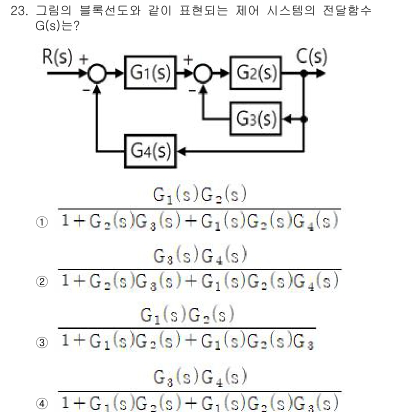 소방설비기사(전기분야) 2020년 23번 - 주어진 블록선도에서 시스템의 전달함수를 구하려면, 각 블록과 그 연결 방... 에 관한 핵심 기출문제