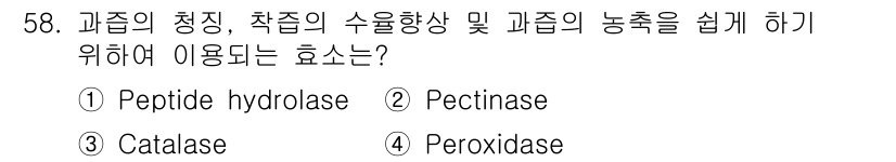 식품안전기사 2020년 58번 - 정답인 '2. Pectinase'는 과일과 채소의 세포벽을 구성하는 펙틴... 에 관한 핵심 기출문제