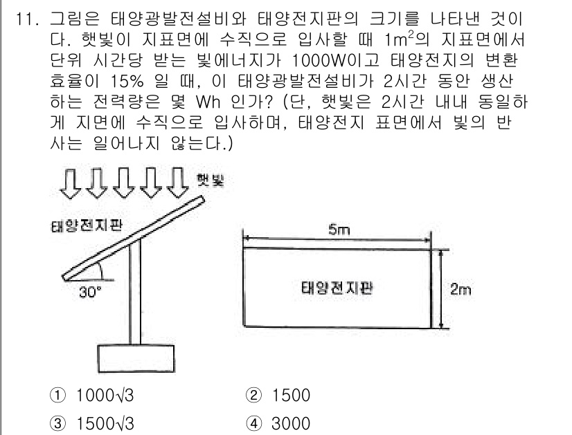 신재생에너지발전설비기사(구) 2020년 11번 - 태양광 발전 설비가 2시간 동안 생성하는 전력량을 구하기 위해서는 먼저 ... 에 관한 핵심 기출문제