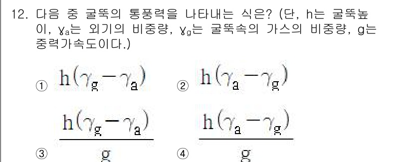 에너지관리기사 2020년 12번 - 이 문제에서 골똥의 통풍력을 나타내는 식은 기체의 비중과 관련이 있습니다... 에 관한 핵심 기출문제