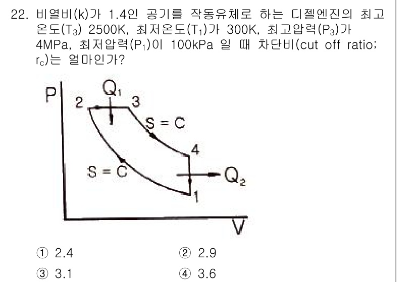 에너지관리기사 2020년 22번 - 주어진 문제는 디젤 엔진의 열역학적 특성을 다루고 있습니다. 차단비(rc... 에 관한 핵심 기출문제