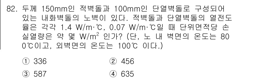 에너지관리기사 2020년 82번 - 이 문제는 열전달을 계산하는 것으로, 두 개의 단열 재료로 이루어진 구조... 에 관한 핵심 기출문제