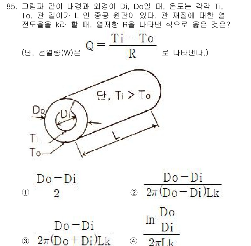 에너지관리기사 2020년 85번 - 주어진 문제는 원통형 물체의 열전도와 관련된 것으로, 열저항 R은 재질의... 에 관한 핵심 기출문제