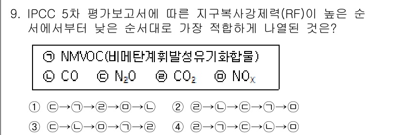 온실가스관리기사 2020년 9번 - IPCC 5차 보고서에 따르면, 지구온난화 잠재력(RF)이 높은 기체는 ... 에 관한 핵심 기출문제