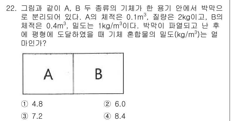 일반기계기사 2020년 22번 - 문제에서 A체와 B체의 부피, 질량, 밀도를 주어진 정보를 바탕으로 혼합... 에 관한 핵심 기출문제