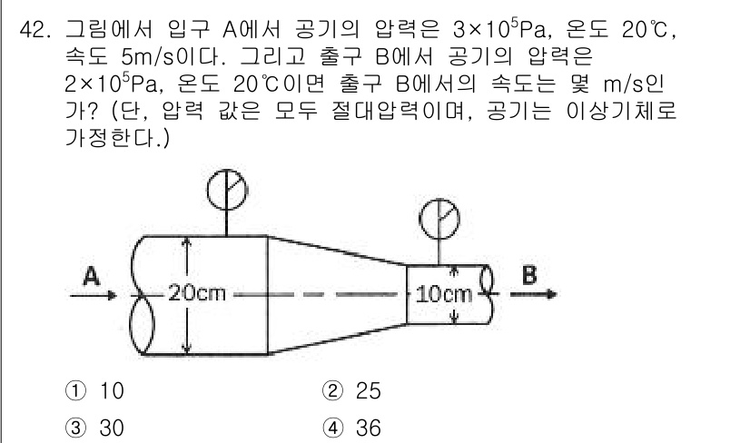 일반기계기사 2020년 42번 - 이 문제는 유체 역학의 베르누이 방정식을 적용하여 풀이합니다. 입구 A에... 에 관한 핵심 기출문제