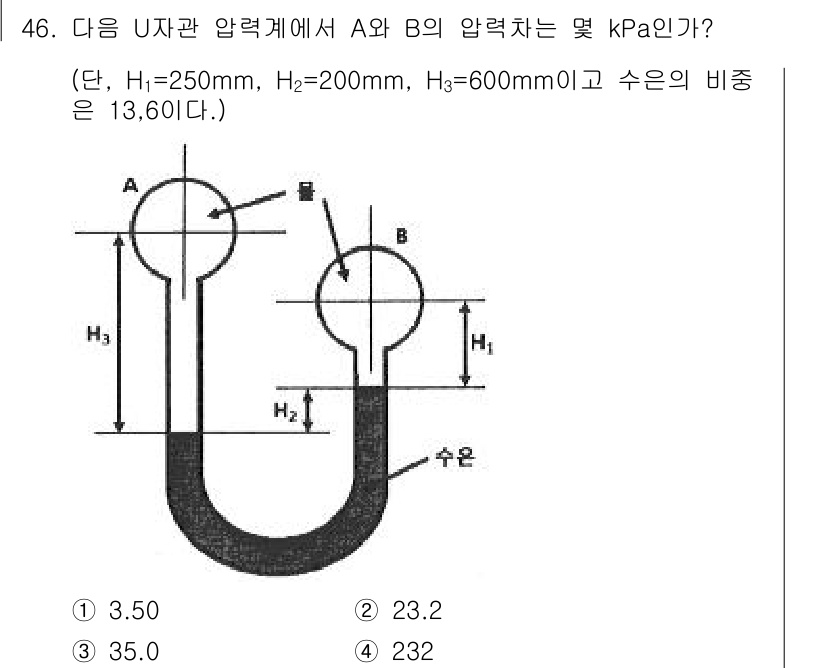 일반기계기사 2020년 46번 - 이 문제는 U자관에서 압력을 구하는 문제입니다. A와 B 지점의 압력 차... 에 관한 핵심 기출문제