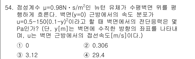 일반기계기사 2020년 54번 - 주어진 문제는 유체의 속도의 분포와 접선 응력을 계산하는 문제입니다. 주... 에 관한 핵심 기출문제