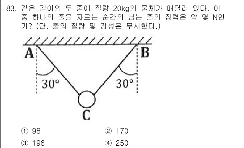 일반기계기사 2020년 83번 - 문제에서 물체의 중량은 20kg이고, 중량의 힘을 계산하면 \(20 \t... 에 관한 핵심 기출문제