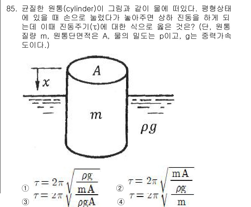 일반기계기사 2020년 85번 - 이 문제는 진동 주기를 구하는 것이며, 원통의 질량과 단면적, 물의 밀도... 에 관한 핵심 기출문제