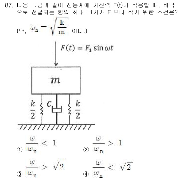 일반기계기사 2020년 87번 - 주어진 시스템에서 진동할 때, 외부 힘 \( F(t) = F_1 \sin... 에 관한 핵심 기출문제