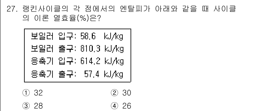 자동차정비기사 2020년 27번 - 사이클의 이론 열효율(η)은 다음과 같이 계산됩니다: η = (보일러 출... 에 관한 핵심 기출문제
