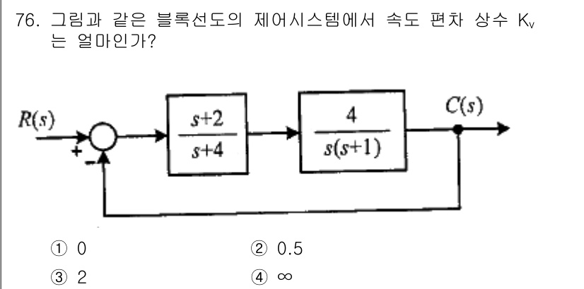 전기공사기사 2020년 76번 - 주어진 시스템의 속도 편차 상수 \( K_v \)는 시스템의 개방 루프 ... 에 관한 핵심 기출문제