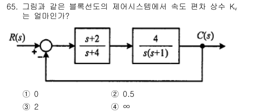 전기기사 2020년 65번 - 주어진 시스템의 전달함수는 피드백 형태입니다. 속도 편차 상수 \( K_... 에 관한 핵심 기출문제