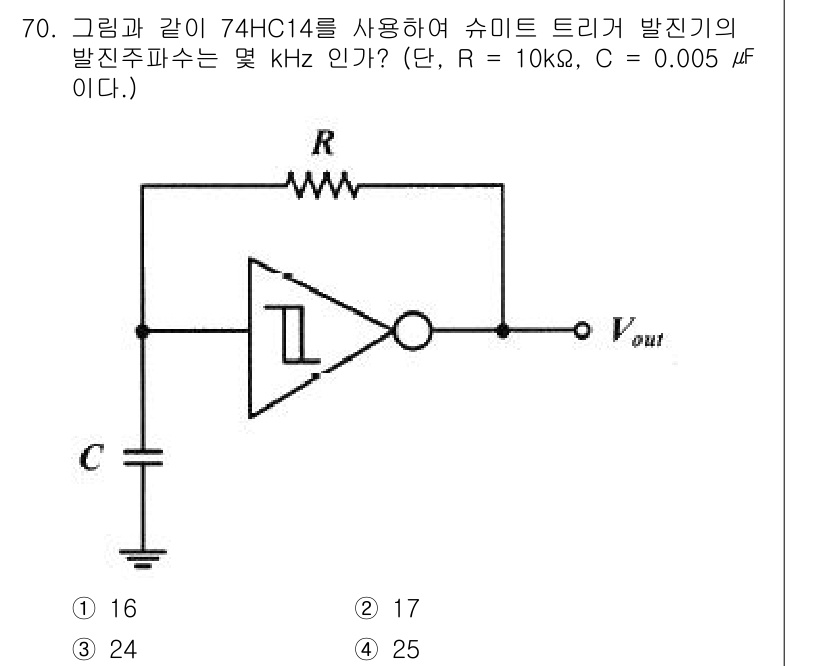 컴퓨터시스템기사(B형) 2020년 70번 - 이 회로에서 발진주파수는 \( f = \frac{1}{T} \)로 계산할... 에 관한 핵심 기출문제