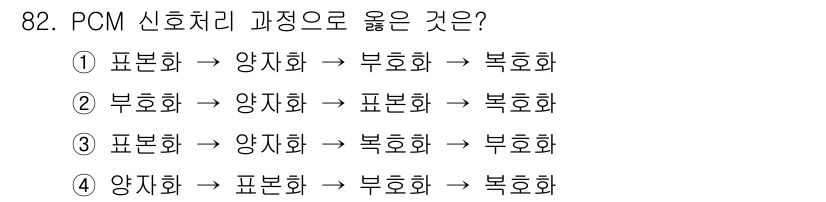 컴퓨터시스템기사(B형) 2020년 82번 - PCM 신호처리 과정에서는 신호의 적절한 변환 순서를 따라야 합니다. 주... 에 관한 핵심 기출문제