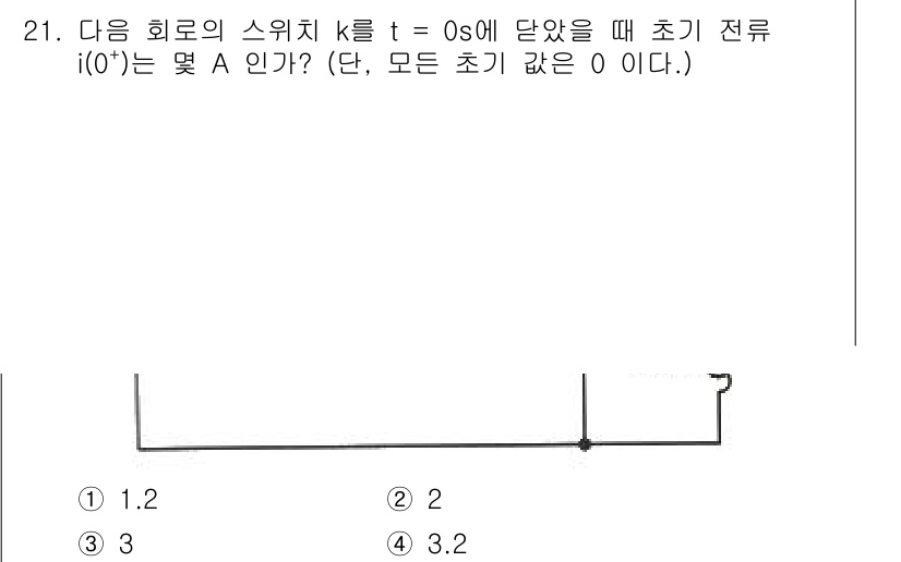 전자기사 2020년 21번 - 주어진 회로에서 스위치가 t=0s에 닫힐 때, 초기 전류 i(0⁺)는 회... 에 관한 핵심 기출문제