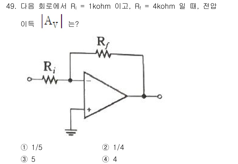 전자기사 2020년 49번 - 주어진 회로에서 전압 이득 \( A_v \)는 반전 증폭기의 공식인 \(... 에 관한 핵심 기출문제