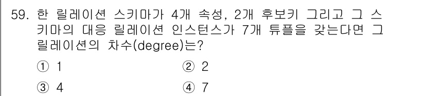 정보처리기사 2020년 59번 - 주어진 문제에서 릴레이션의 차수(degree)는 릴레이션에 포함된 속성(... 에 관한 핵심 기출문제