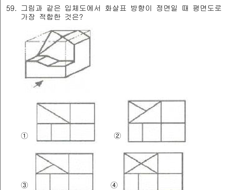 조경기사 2020년 58번 - 주어진 그림은 입체 도형의 평면도를 나타내며, 화살표 방향에서 보았을 때... 에 관한 핵심 기출문제