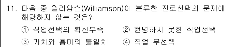 직업상담사_2급_필기 2020년 11번 - 윌리엄슨의 진로선택 이론에서 다루는 문제 유형은 개인의 직업 선택과 관련... 에 관한 핵심 기출문제