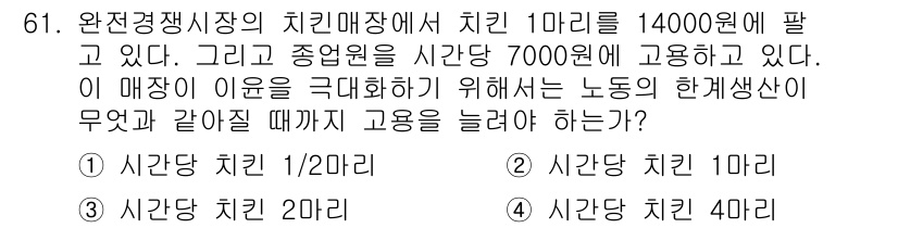 직업상담사_2급_필기 2020년 61번 - 문제의 주요 포인트는 치킨의 가격과 일손의 생산성을 극대화하는 것입니다.... 에 관한 핵심 기출문제