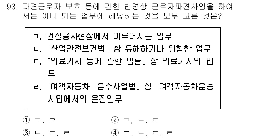 직업상담사_2급_필기 2020년 93번 - 주어진 문제는 파견근로자 보호와 관련된 업무를 묻고 있습니다. '4'번 ... 에 관한 핵심 기출문제