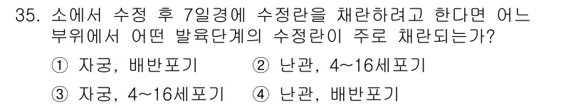 축산기사 2020년 35번 - 주어진 문제에서 '소에서 수정 후 7일경에 수정란을 채취'하는 상황을 고... 에 관한 핵심 기출문제