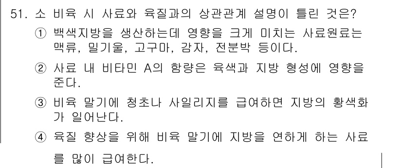 축산기사 2020년 51번 - 비육 시 사료와 육질과의 관계에서 4번이 정답인 이유는, 육질 향상을 위... 에 관한 핵심 기출문제