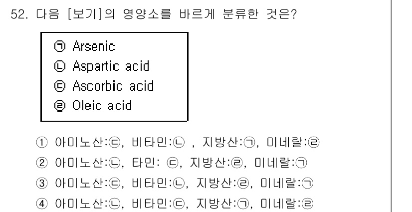 축산기사 2020년 52번 - 주어진 보기의 영양소들을 분류하면 다음과 같습니다. 'Arsenic'은 ... 에 관한 핵심 기출문제