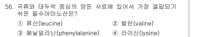 축산기사 2020년 56번 - 라이신(lysine)은 가축 사료에서 가장 결핍되기 쉬운 필수 아미노산입... 에 관한 핵심 기출문제