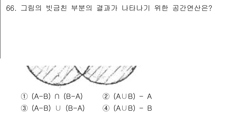 측량및지형공간정보기사 2020년 66번 - 주어진 이미지에서 빗금 친 부분은 집합 A와 집합 B의 여집합을 포함한 ... 에 관한 핵심 기출문제