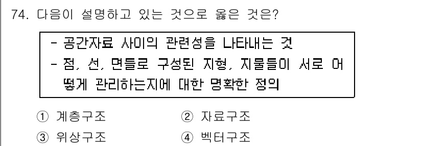 측량및지형공간정보기사 2020년 74번 - 주어진 설명은 "위상구조"에 대한 것으로, 공간 자료 사이의 관계를 명확... 에 관한 핵심 기출문제
